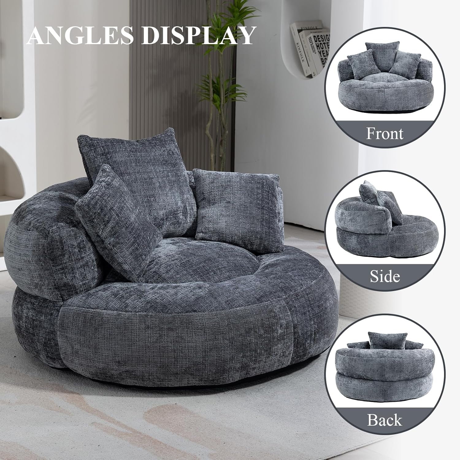 Round Bean Bag Chair for Adult, Chenille Upholstered Bean Bag Sofa with Pillows, Giant Bean Bag Couch