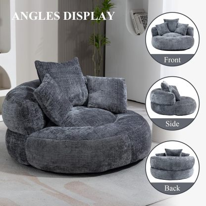 Round Bean Bag Chair for Adult, Chenille Upholstered Bean Bag Sofa with Pillows, Giant Bean Bag Couch