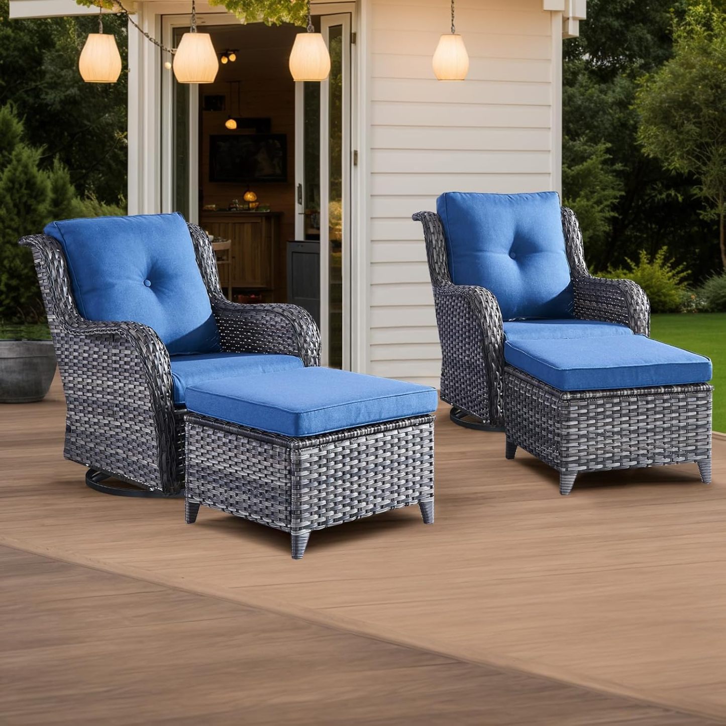 5 Piece Outdoor Patio Furniture Set Wicker Conversation Bistro Set Swivel Rocking Chairs with Side Table and Ottomans