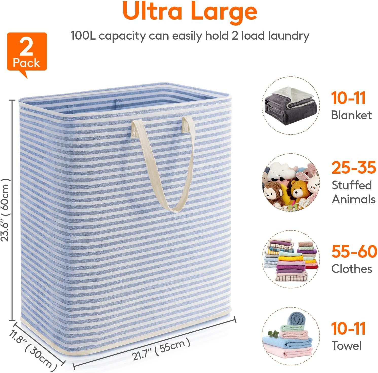 2 Pack Laundry Hamper Large Collapsible Laundry Basket, Freestanding Waterproof Cloth Hamper with Easy Carry Handles in Laundry Room