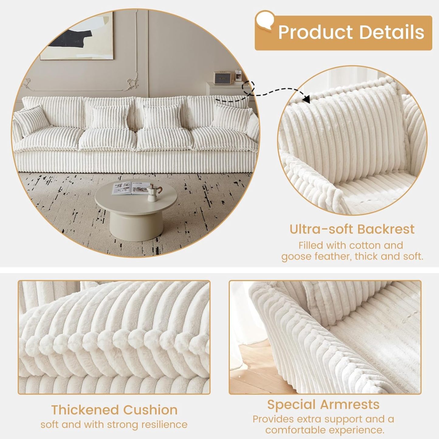 130.7" Corduroy Futon Couch, 4 Seater White Cloud Couch, Comfy Soft Sofa, Modern Corduroy Couch for Bedroom, Floor Couch for Living Room, Memory Foam Modular Cloud Couch (White, 4 Seater)