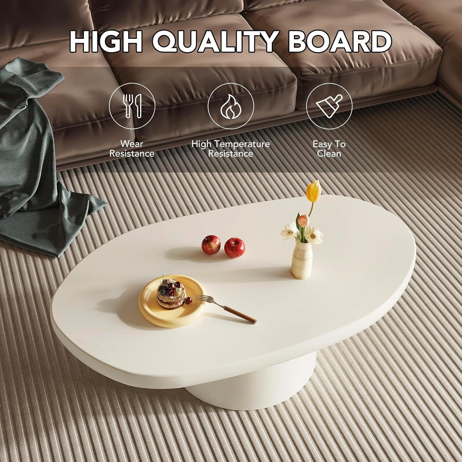 White Oval Coffee Table, 45" Modern Funky Living Room Coffee Table with Sturdy Pedestal