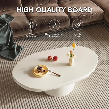 White Oval Coffee Table, 45" Modern Funky Living Room Coffee Table with Sturdy Pedestal