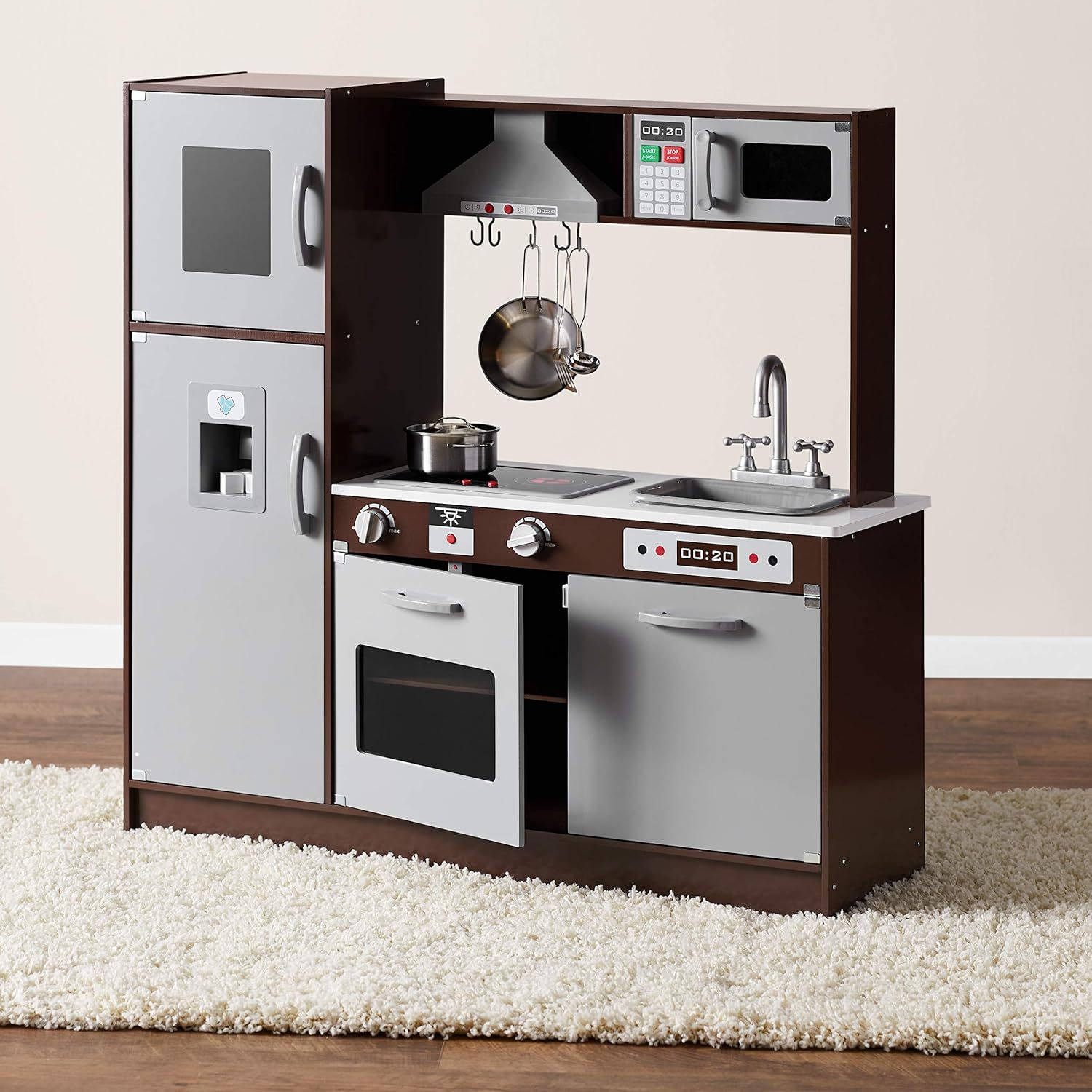 Kids Upright Wooden Kitchen Toy Playset with Stove, Oven, Sink, Fridge and Accessories