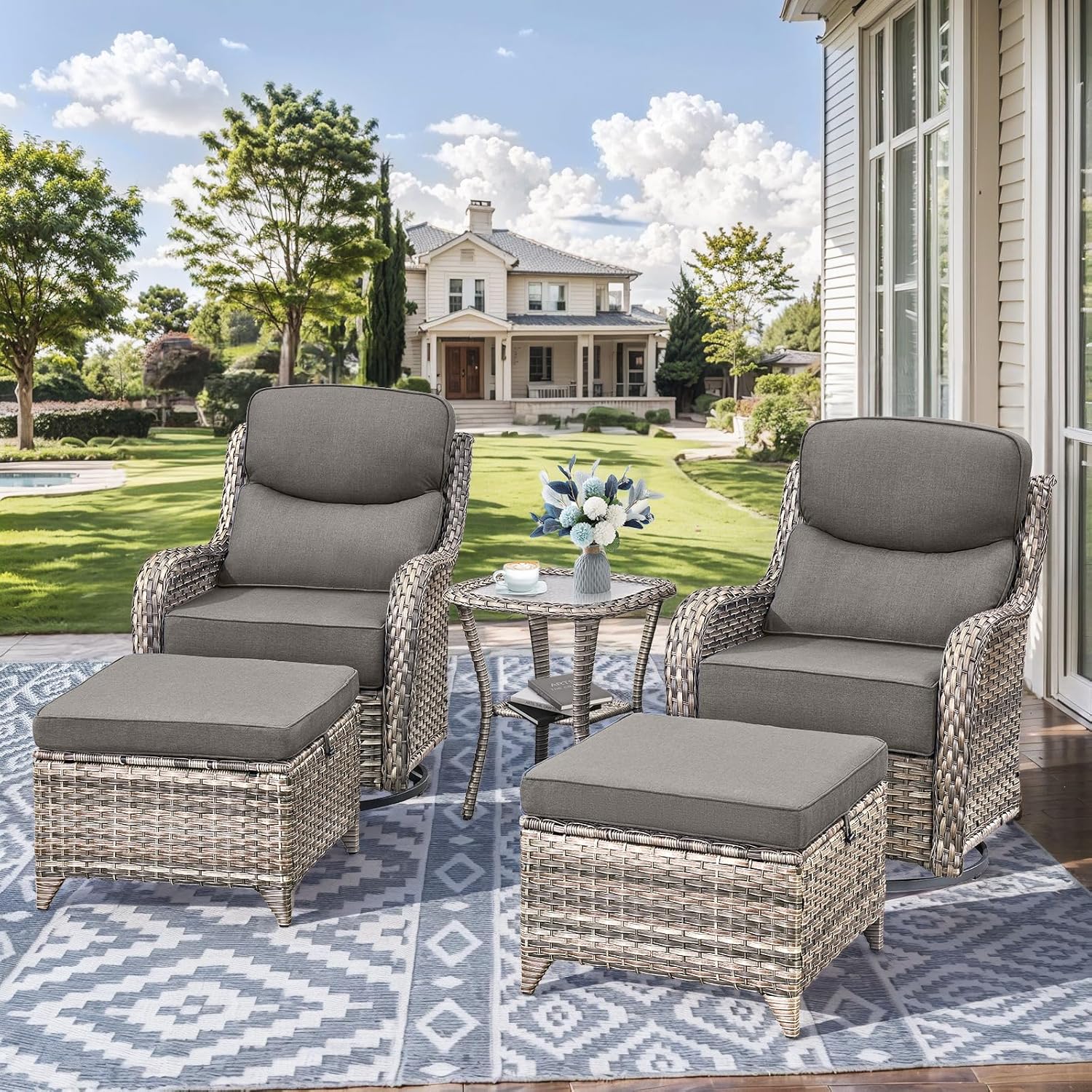 Outdoor Patio Wicker Swivel Rocker Chairs with 6-Inch Thick Cushion High Back 3 PCS