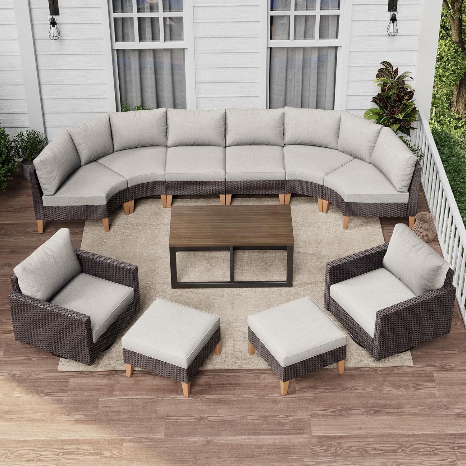 11 Pieces Outdoor Furniture Set,Outdoor Half-Moon Sectional Couches Swivel Patio Chairs with Ottomans Coffee Table,All Weather PE Wicker Patio Conversation Sets