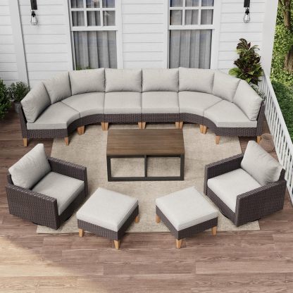 11 Pieces Outdoor Furniture Set,Outdoor Half-Moon Sectional Couches Swivel Patio Chairs with Ottomans Coffee Table,All Weather PE Wicker Patio Conversation Sets