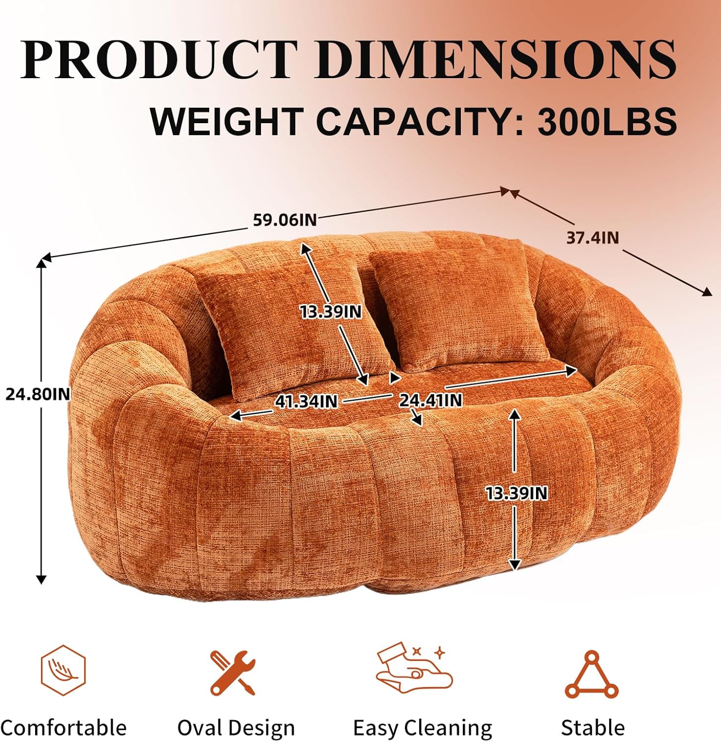 Oval Bean Bag Sofa, Chenille Upholstered Bean Bag Chair with Pillows, Padded Lazy Sofa with Tufted Backrest, Stuffed Bean Bag Couch with Thick Cushion
