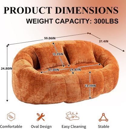 Oval Bean Bag Sofa, Chenille Upholstered Bean Bag Chair with Pillows, Padded Lazy Sofa with Tufted Backrest, Stuffed Bean Bag Couch with Thick Cushion