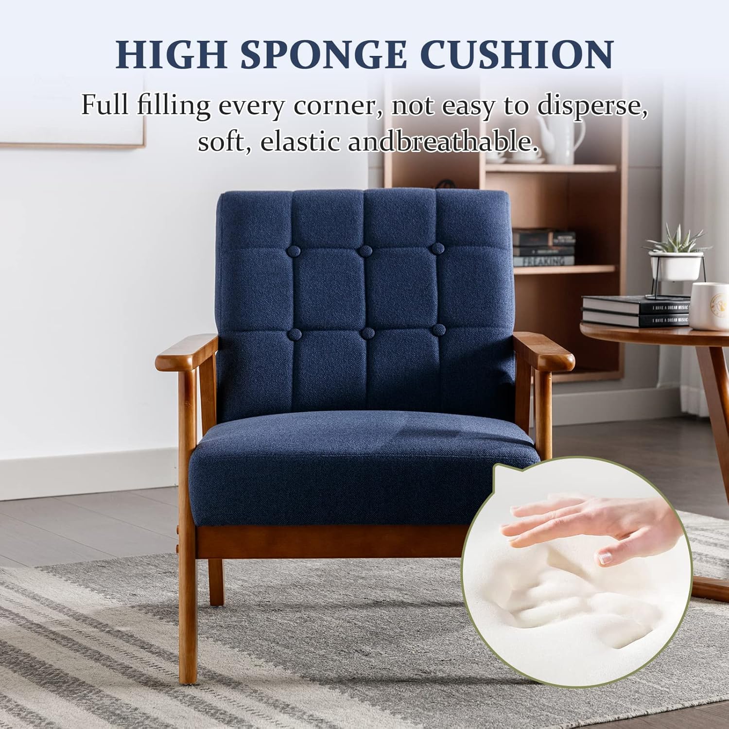 Mid-Century Modern Chair with Wood Frame, Upholstered Armchair, Lounge Accent Chair, Comfy Reading Chair