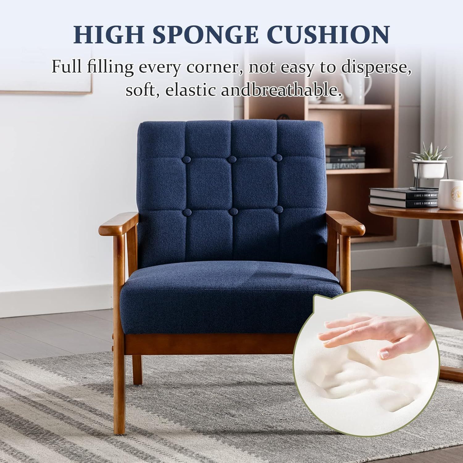 Mid-Century Modern Chair with Wood Frame, Upholstered Armchair, Lounge Accent Chair, Comfy Reading Chair