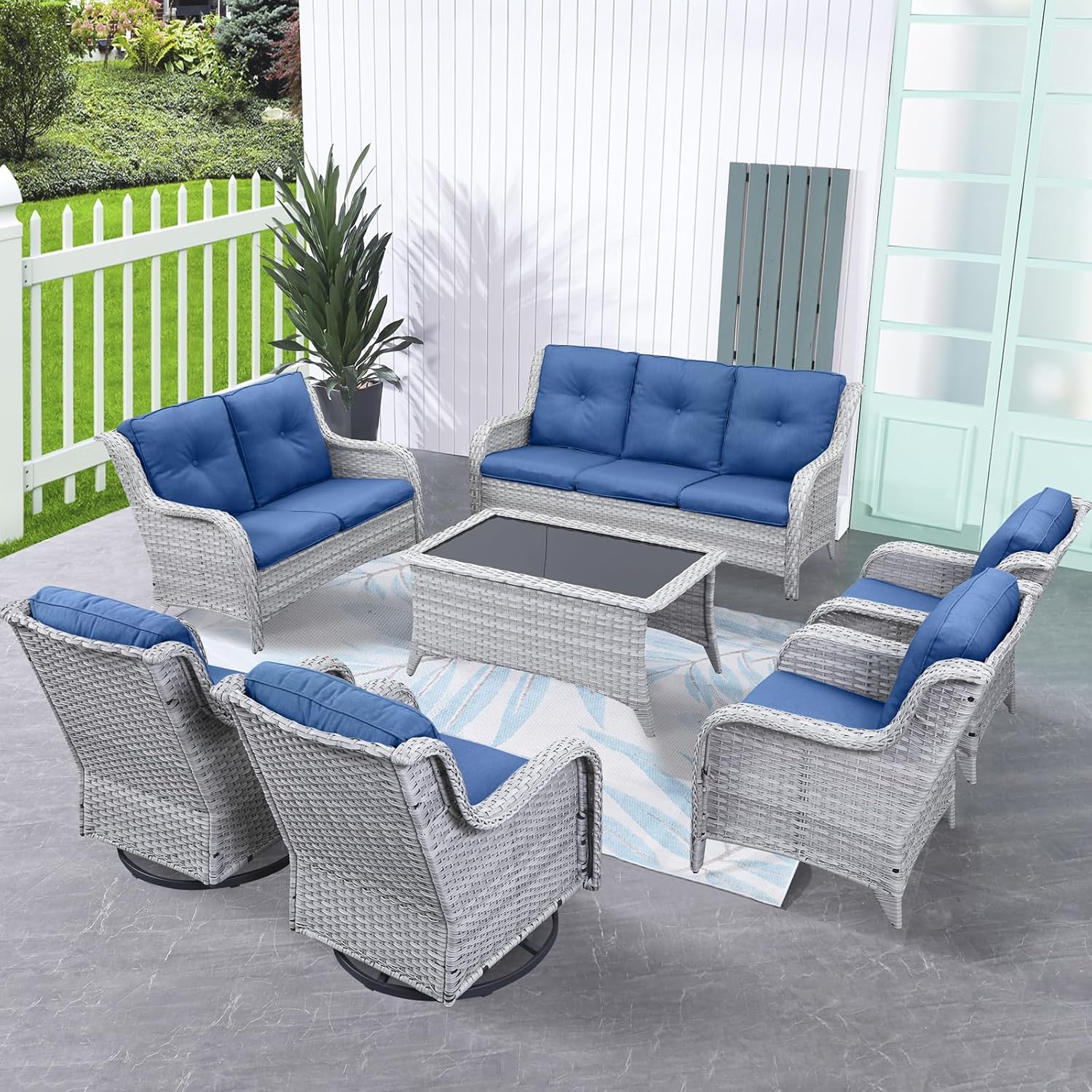 Outdoor Patio Furniture Set 7 Pieces Wicker Sofa and Loveseat with 2pcs Swivel Rocking Chairs,Patio Chairs,Coffee Table