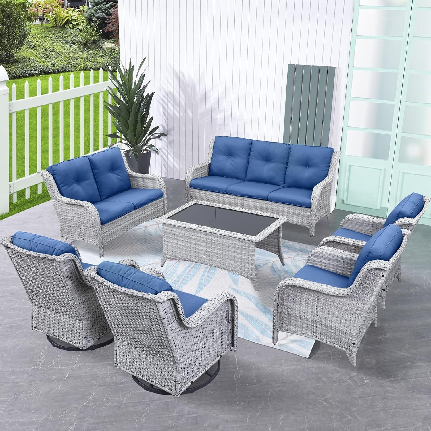 Outdoor Patio Furniture Set 7 Pieces Wicker Sofa and Loveseat with 2pcs Swivel Rocking Chairs,Patio Chairs,Coffee Table
