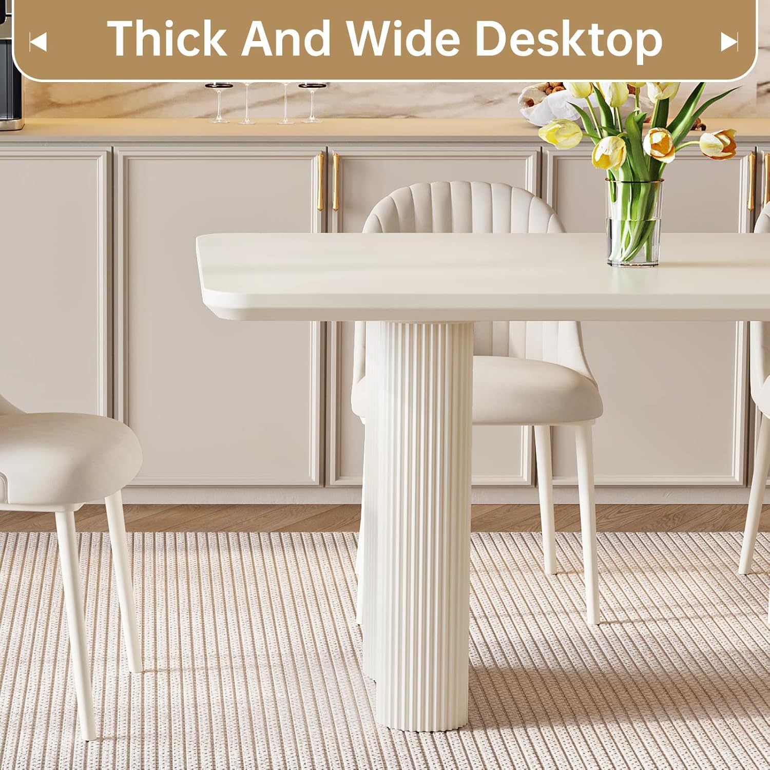 79" Rectangular Dining Table for 2-8, Large White Kitchen Table with 1.92" Dining Top and Sturdy Sleek Wave Pedestal