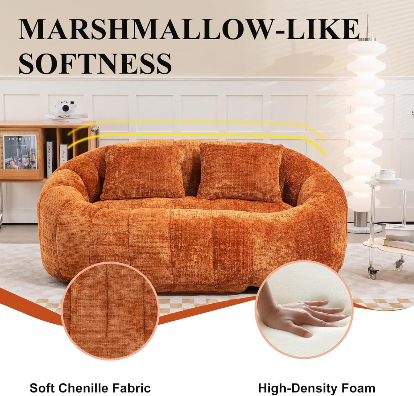 Oval Bean Bag Sofa, Chenille Upholstered Bean Bag Chair with Pillows, Padded Lazy Sofa with Tufted Backrest, Stuffed Bean Bag Couch with Thick Cushion