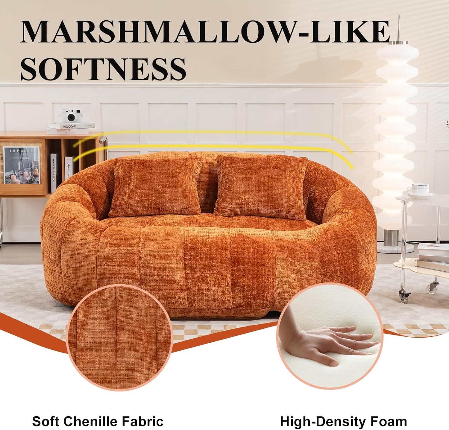 Oval Bean Bag Sofa, Chenille Upholstered Bean Bag Chair with Pillows, Padded Lazy Sofa with Tufted Backrest, Stuffed Bean Bag Couch with Thick Cushion