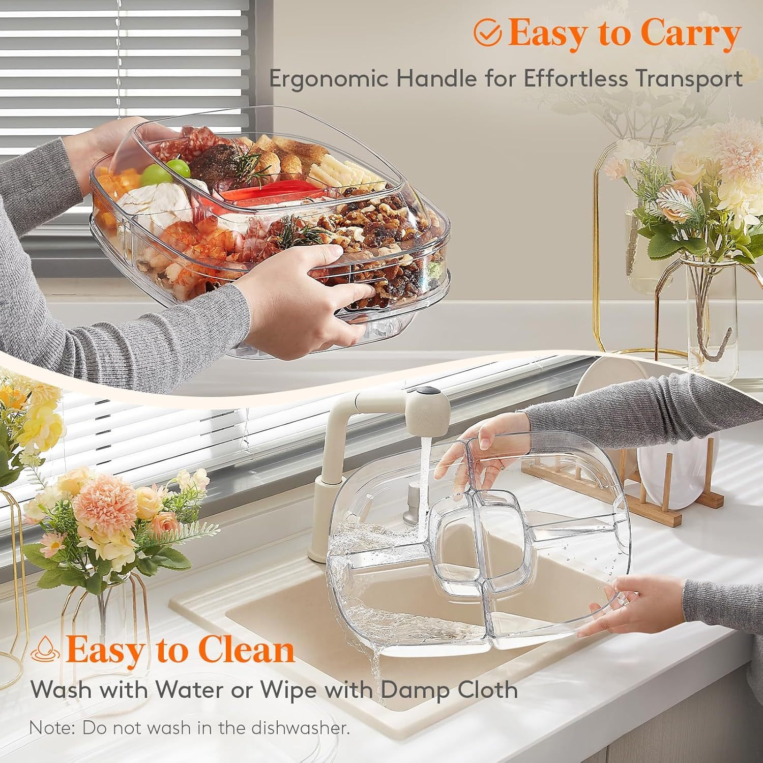 Chilled Serving Tray with Lid, 15" Shrimp Cocktail Platter with 6 Compartments, Divided Serving Bowl