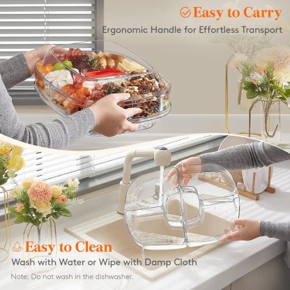 Chilled Serving Tray with Lid, 15" Shrimp Cocktail Platter with 6 Compartments, Divided Serving Bowl