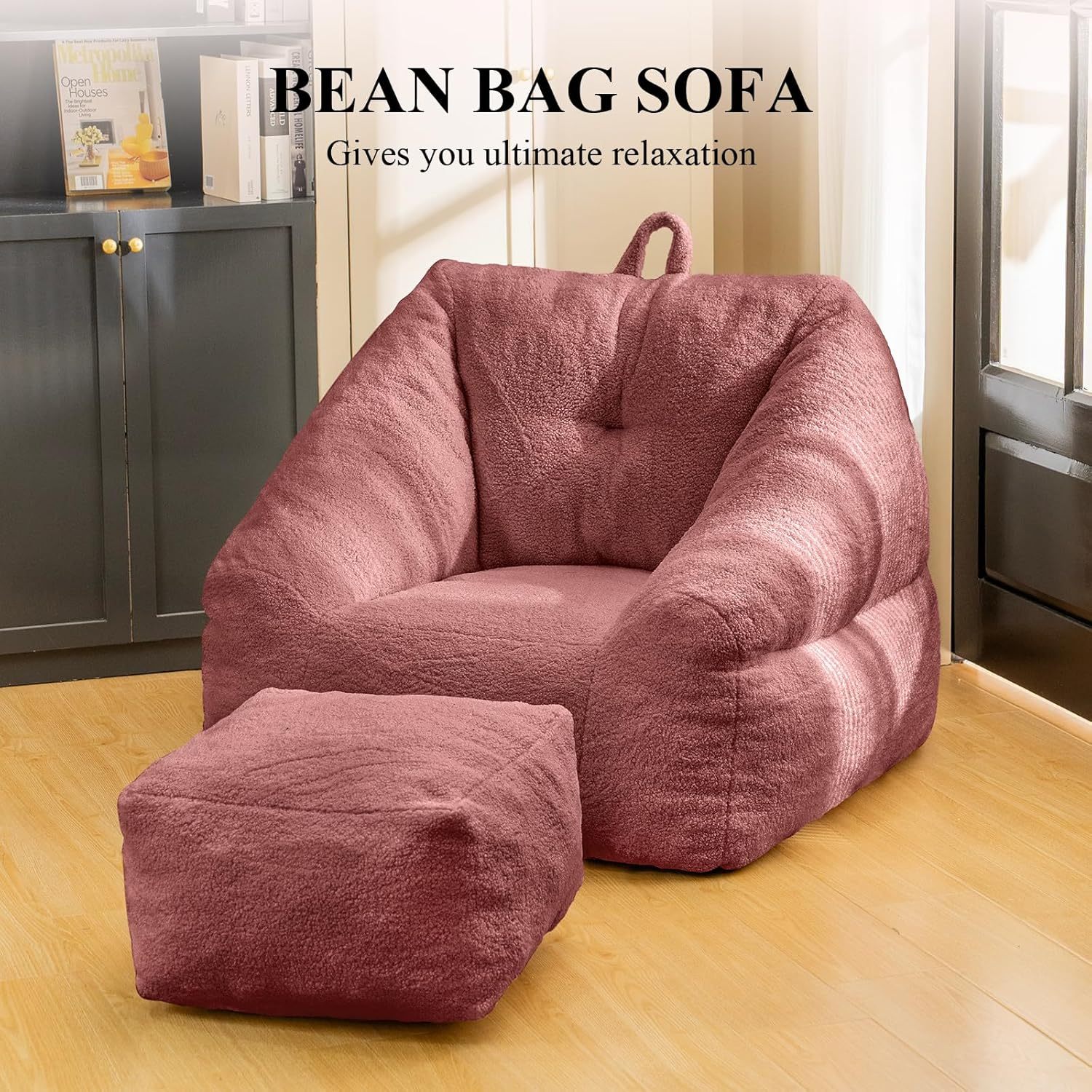 Bean Bag Chair for Adult, Teddy Upholstered Bean Bag Sofa with Large Footrest, Stuffed Beanbag Sofa Chair with Pull-Ring