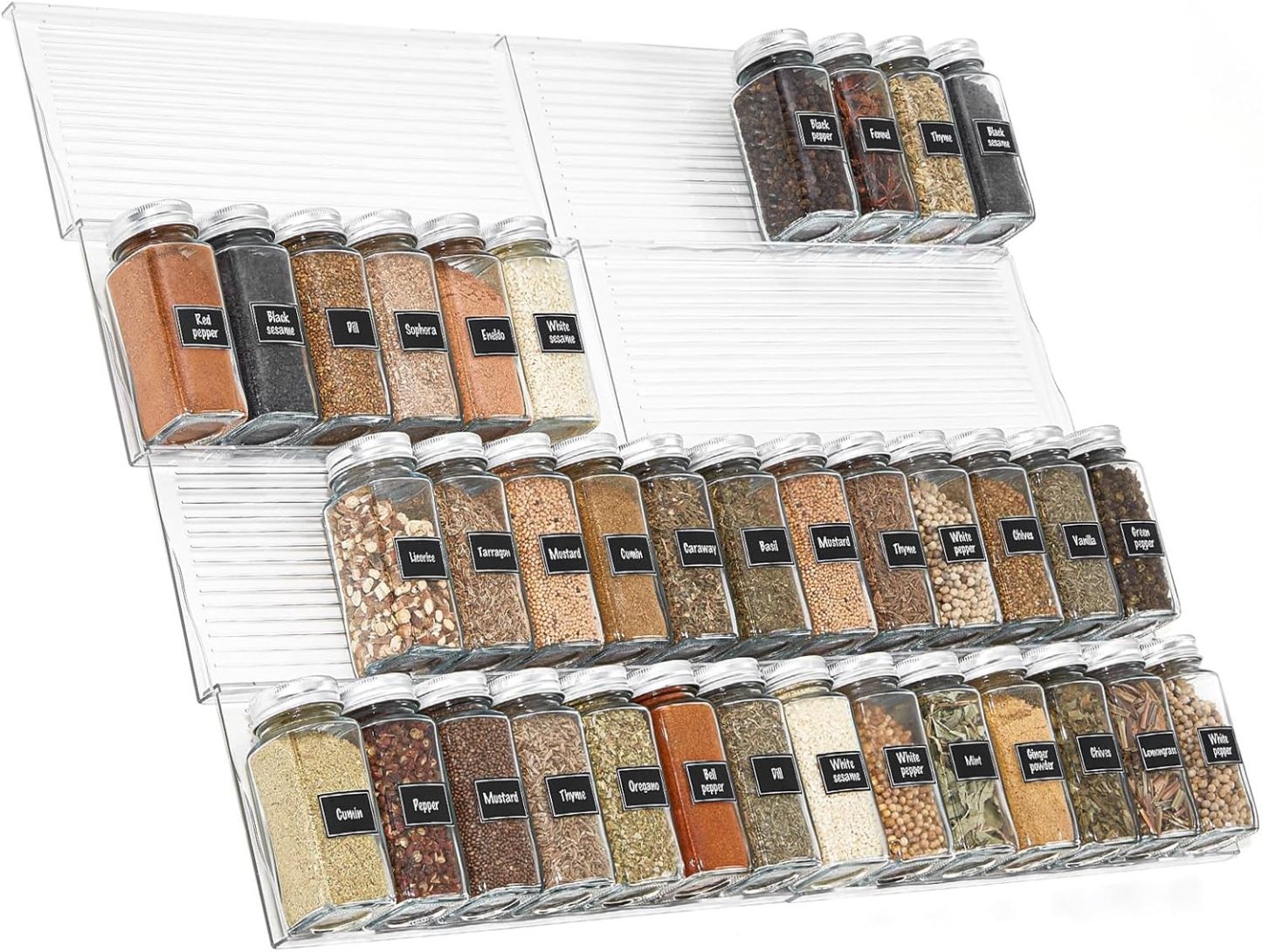 Plastic Adjustable Spice Drawer Organizer, Expandable Spice Rack for Countertop, Jar Storage Tray