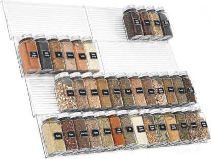 Plastic Adjustable Spice Drawer Organizer, Expandable Spice Rack for Countertop, Jar Storage Tray