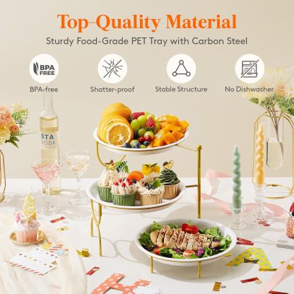 3 Tier Plastic Serving Tray Platter for Party Entertaining, 10" × 10" Large Dessert Table Display Set