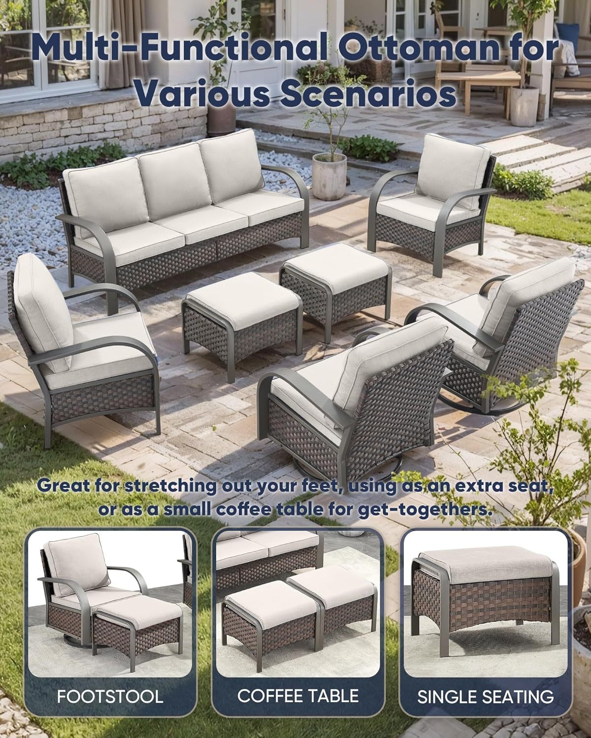 Swivel Rocker Outdoor Chair-High Back Patio Chairs with Ottoman Outdoor Conversation Furniture Sets