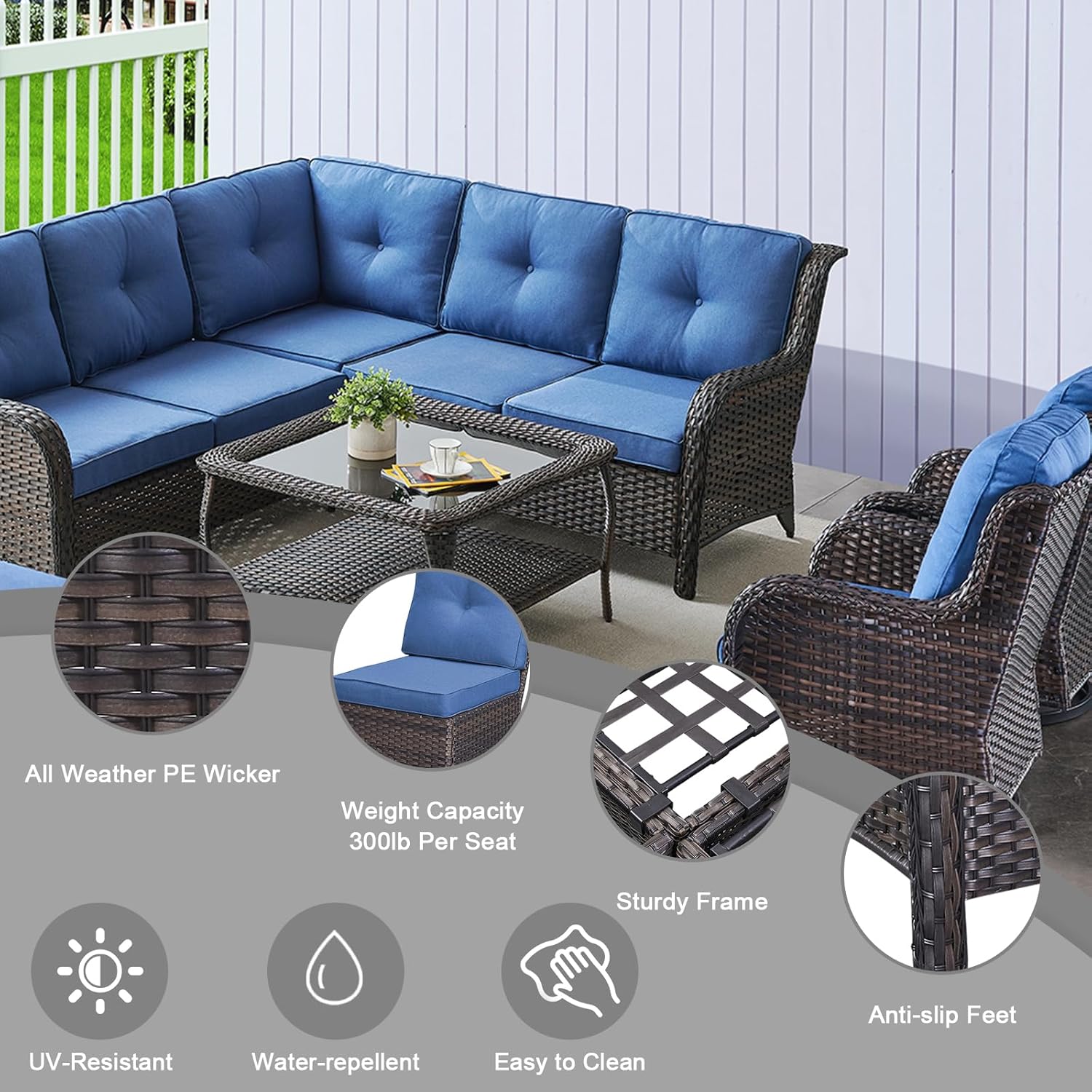 8 Piece Patio Furniture PE Wikcer Outdoor Furniture Set with Sectional Sofa Swivel Patio Chairs Ottomans and Glass Coffee Table