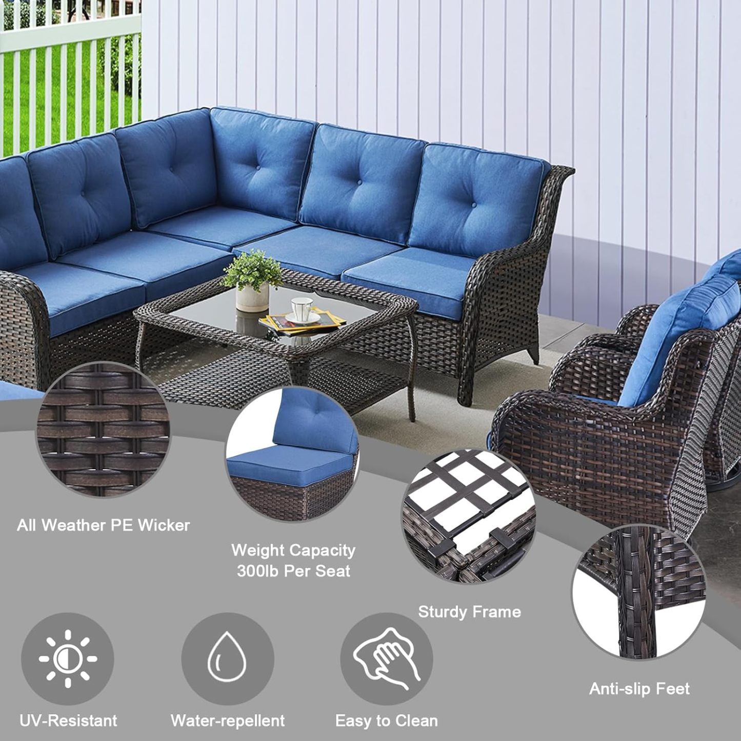 8 Piece Patio Furniture PE Wikcer Outdoor Furniture Set with Sectional Sofa Swivel Patio Chairs Ottomans and Glass Coffee Table