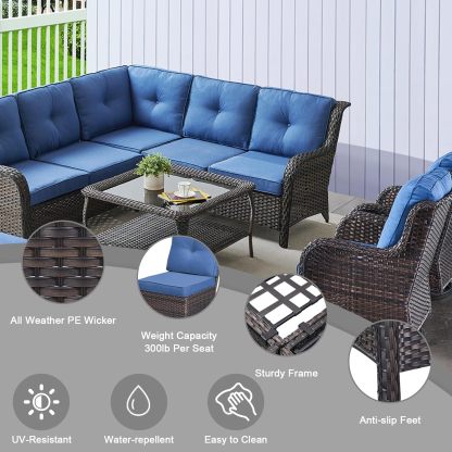8 Piece Patio Furniture PE Wikcer Outdoor Furniture Set with Sectional Sofa Swivel Patio Chairs Ottomans and Glass Coffee Table