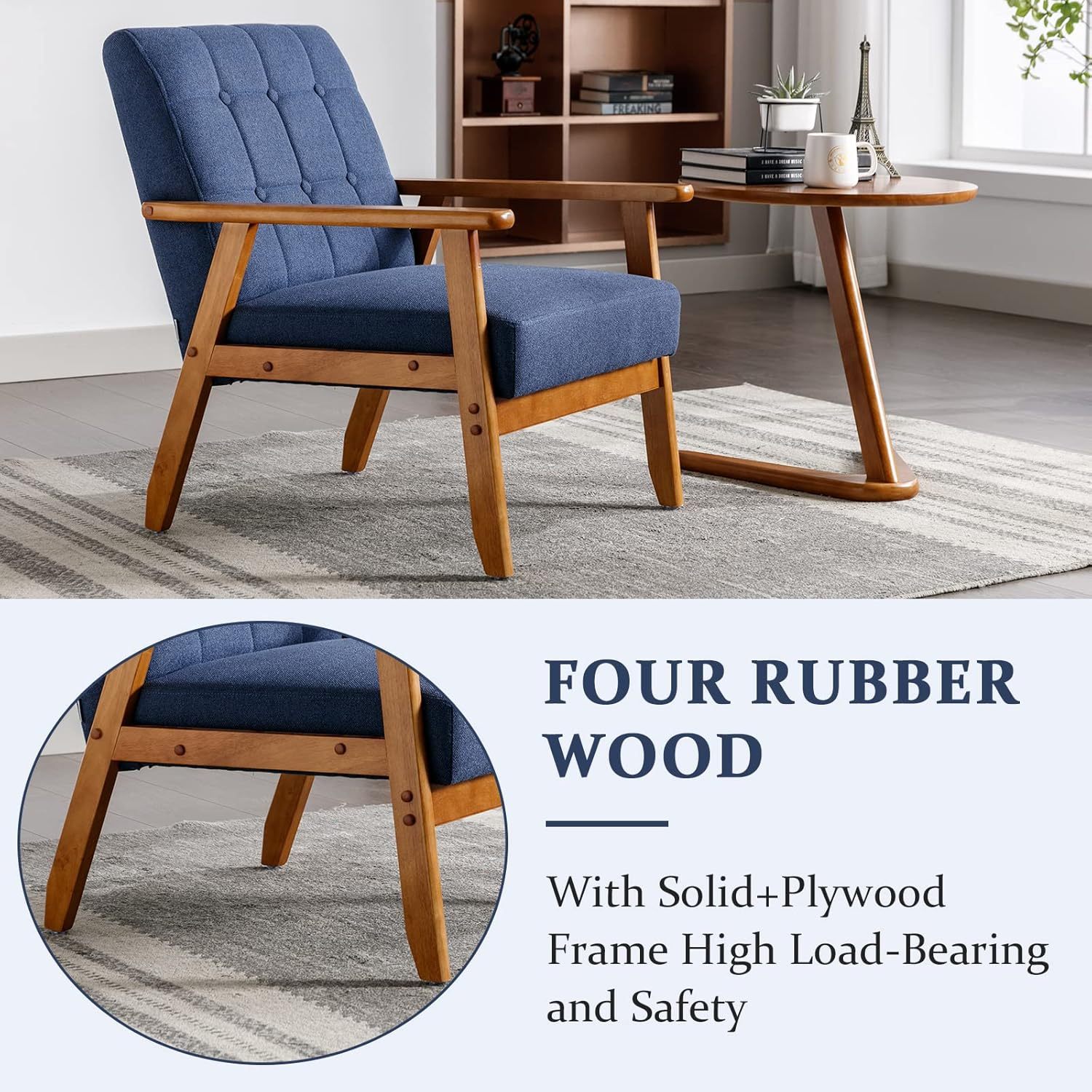 Mid-Century Modern Chair with Wood Frame, Upholstered Armchair, Lounge Accent Chair, Comfy Reading Chair