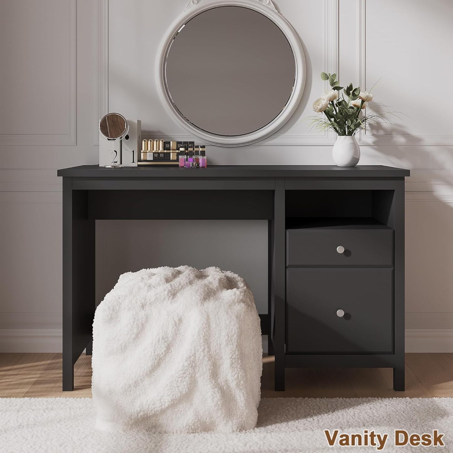 47" Black Desk with Drawers, Wood Home Office Computer Desk with Charging Station