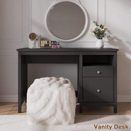 47" Black Desk with Drawers, Wood Home Office Computer Desk with Charging Station