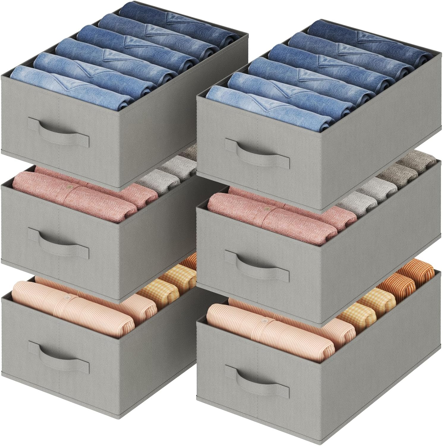 Wardrobe Clothes Organizer 6 Pack, Large Size 6 Grids Closet Jean Storage Bins with Handles and Support Boards