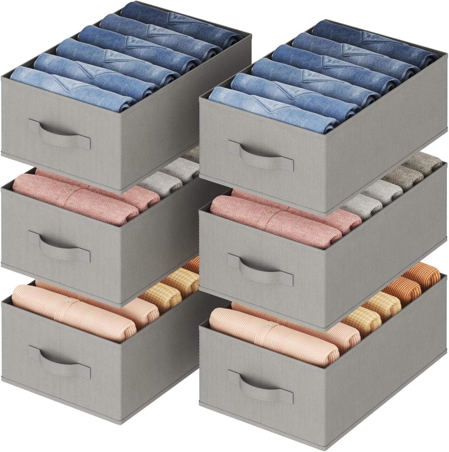 Wardrobe Clothes Organizer 6 Pack, Large Size 6 Grids Closet Jean Storage Bins with Handles and Support Boards