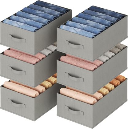 Wardrobe Clothes Organizer 6 Pack, Large Size 6 Grids Closet Jean Storage Bins with Handles and Support Boards