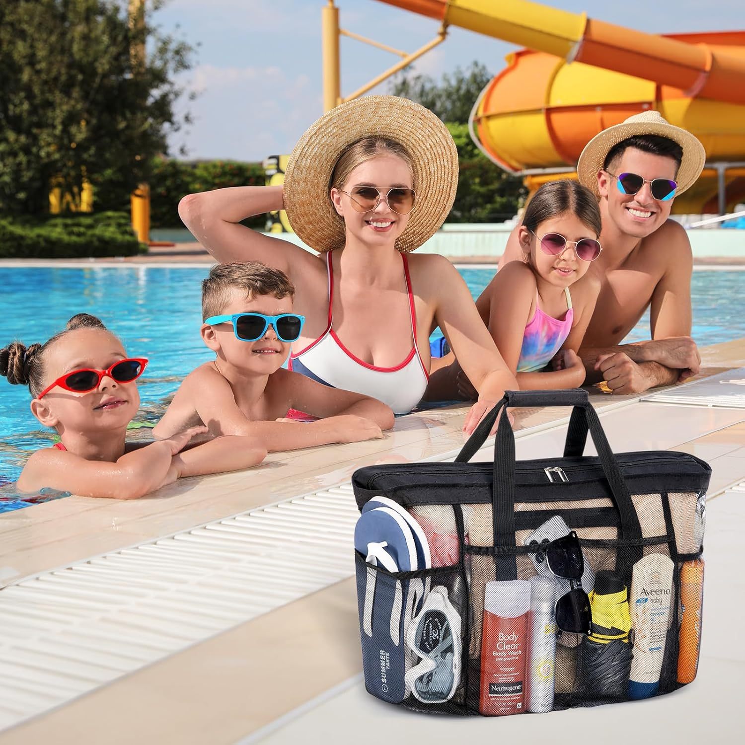 Mesh Beach Bags for Women, Large Travel Tote bags with Zipper and Pockets, Lightweight Shower Caddy