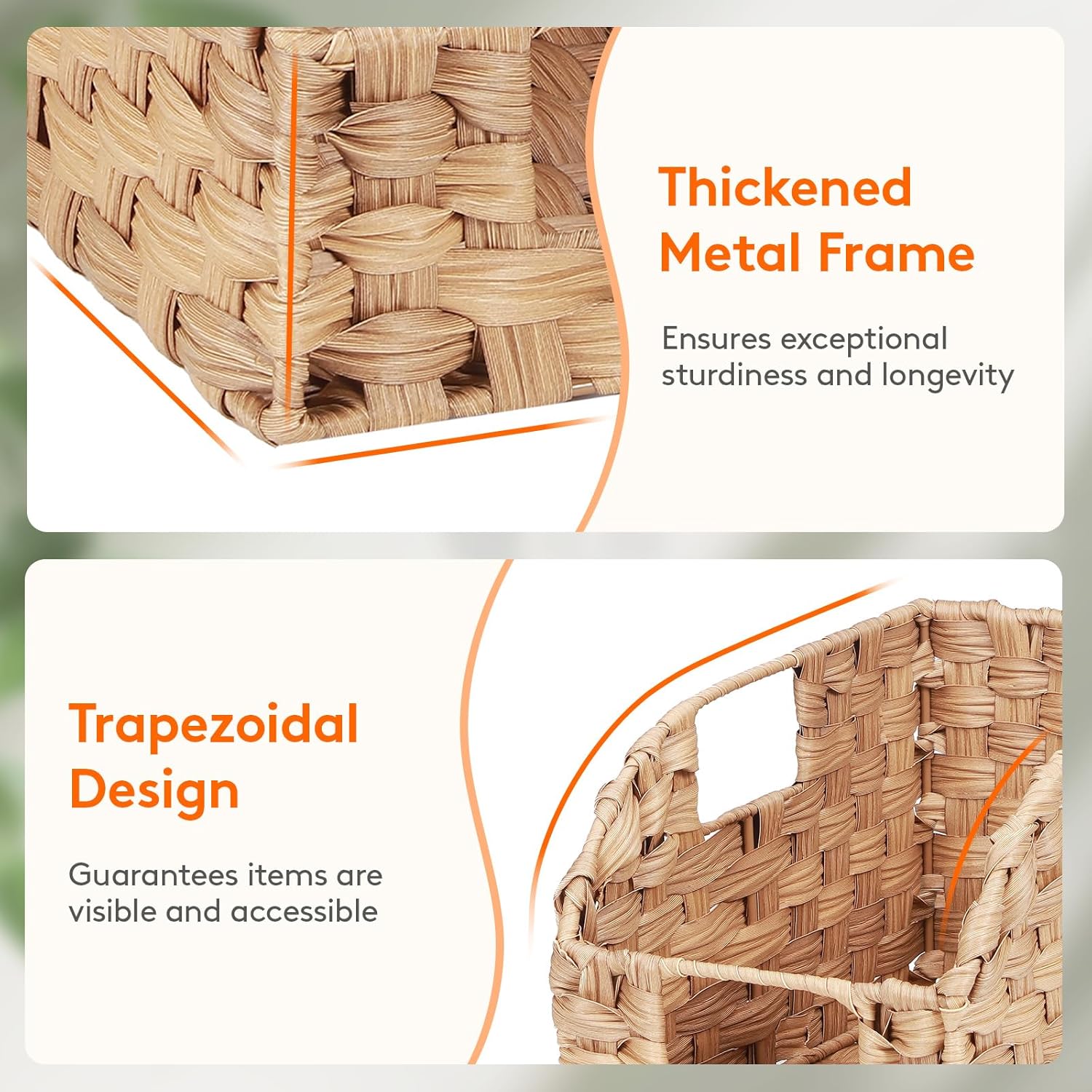 Handwoven PP Wicker Storage Basket, Waterproof Imitation Rattan Basket with Built-in Handles, Trapezoid Baskets for Organizing Shelves