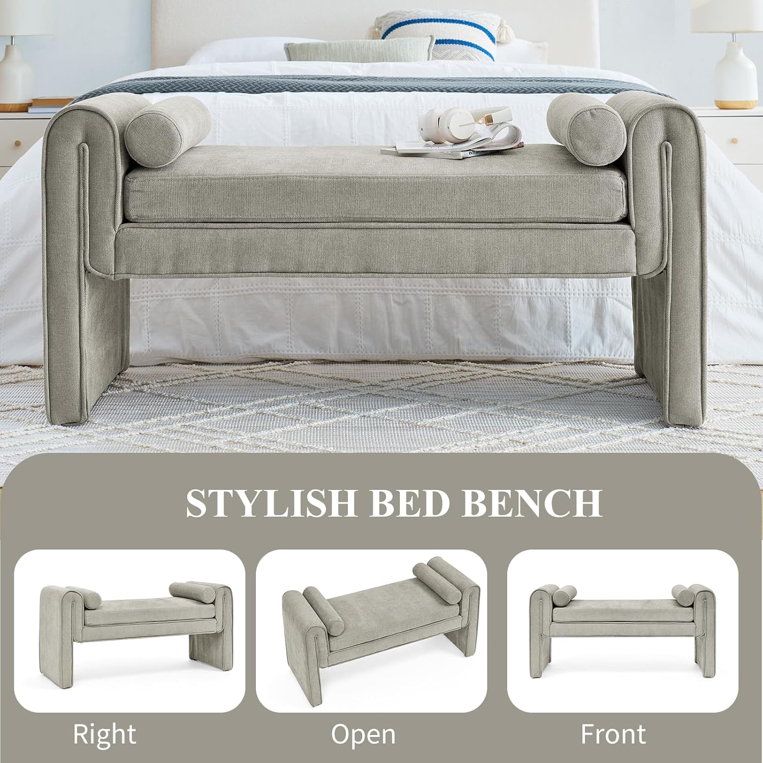 50" W Ottoman Bench for Small Space, Linen Upholstered Ottoman Bench with Thick Cushion