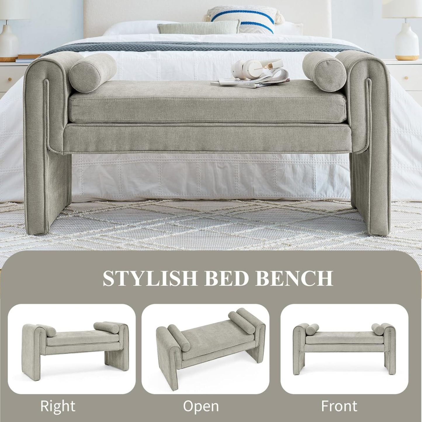 50" W Ottoman Bench for Small Space, Linen Upholstered Ottoman Bench with Thick Cushion