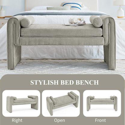 50" W Ottoman Bench for Small Space, Linen Upholstered Ottoman Bench with Thick Cushion