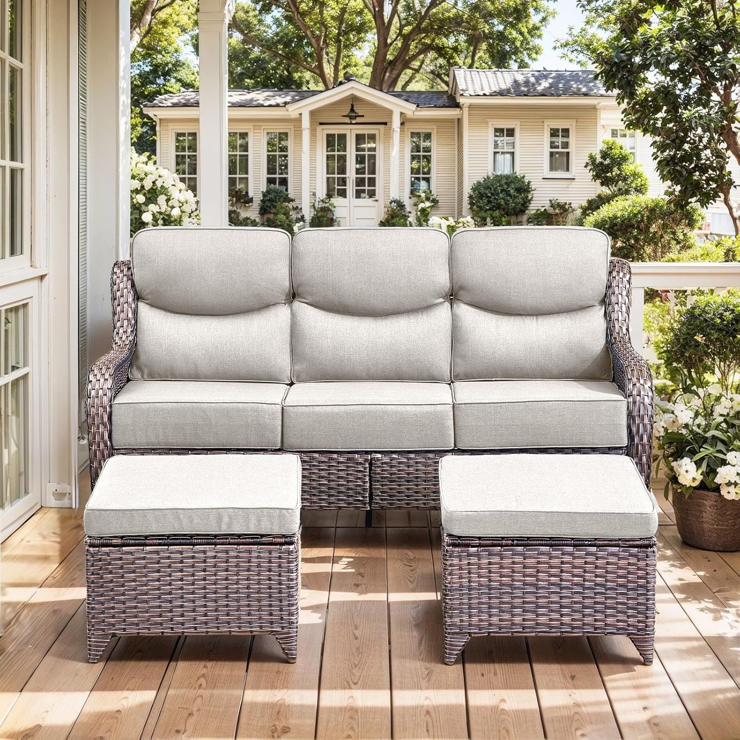 Wicker Patio Furniture Set 6 Inch Thick Cushion Outdoor Swivel Rocker Patio Chairs with Deep Seat Sofa 5PCS Outdoor Furniture Set for Porch Garden Deck