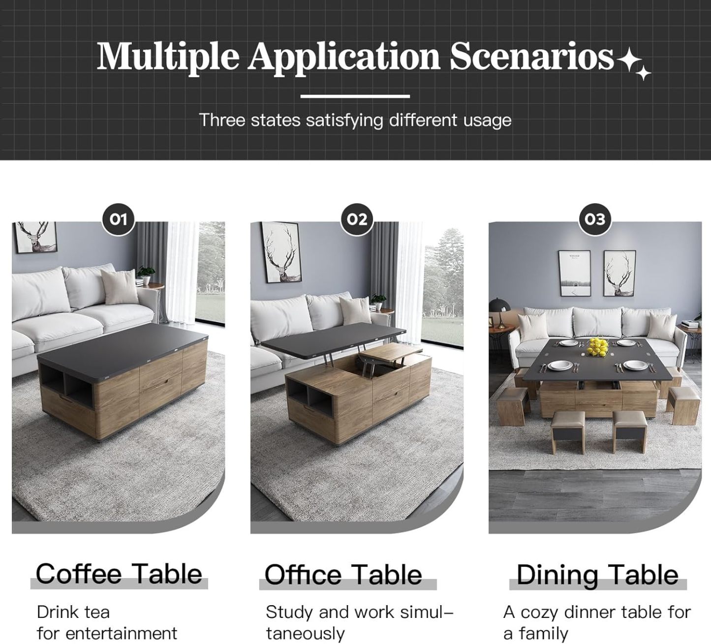 3 in 1 Functional Coffee Table, 47" Brown Lift Top Coffee Table with 4 Stools Underneath, Movable Wheel