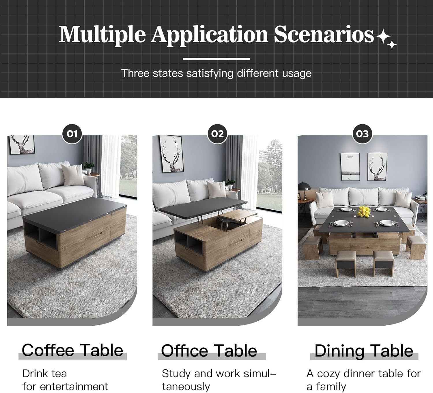 3 in 1 Functional Coffee Table, 47" Brown Lift Top Coffee Table with 4 Stools Underneath, Movable Wheel