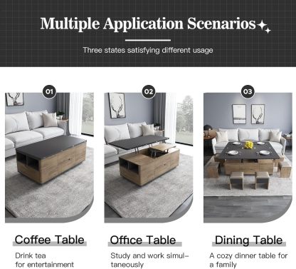 3 in 1 Functional Coffee Table, 47" Brown Lift Top Coffee Table with 4 Stools Underneath, Movable Wheel