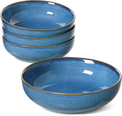 Pasta Bowls 45 Ounce, Ceramic Salad Bowl, Large Serving Bowl Set - Set of 4, Ceylon Blue