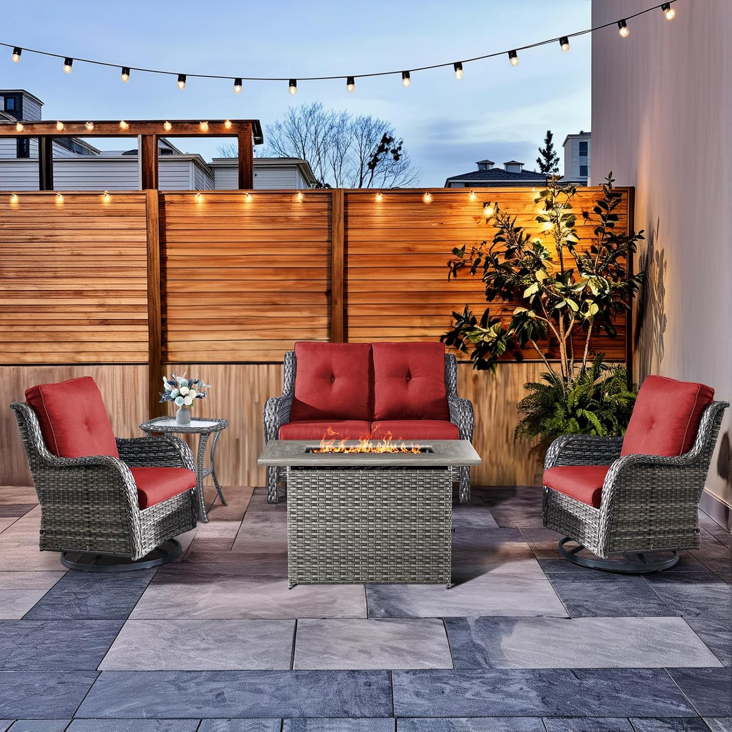 4-Piece Patio Furniture Set with Fire Pit Table Wicker Outdoor Swivel Rocker Patio Chairs High Back Loveseat Conversation Set for Porch