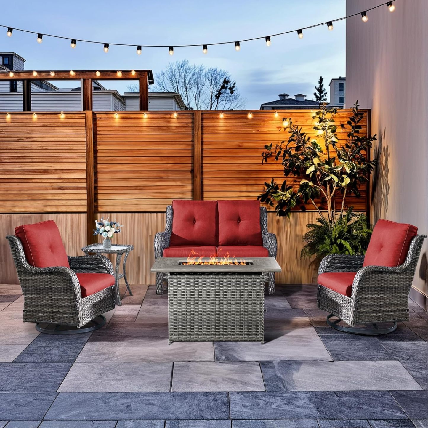 4-Piece Patio Furniture Set with Fire Pit Table Wicker Outdoor Swivel Rocker Patio Chairs High Back Loveseat Conversation Set for Porch