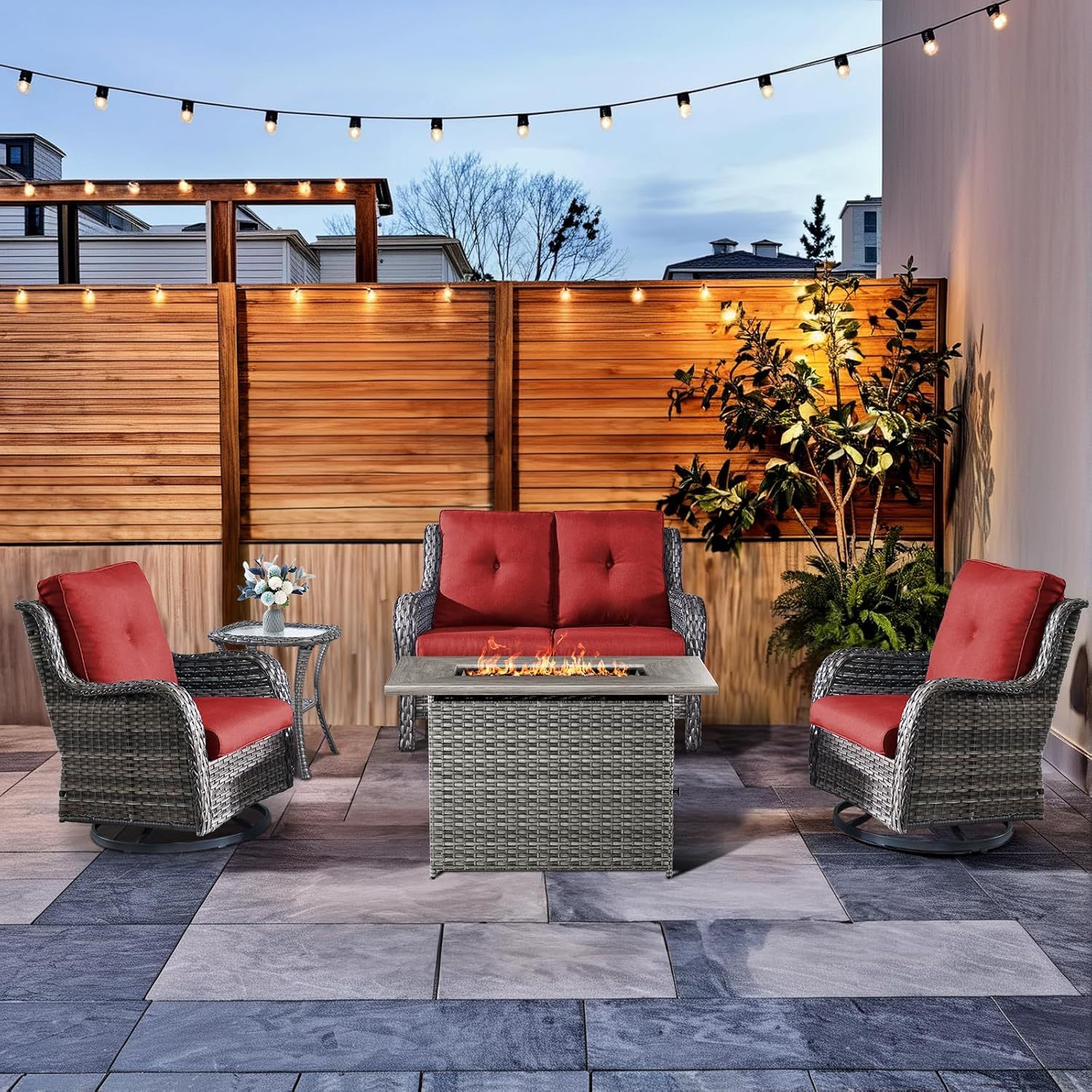 4-Piece Patio Furniture Set with Fire Pit Table Wicker Outdoor Swivel Rocker Patio Chairs High Back Loveseat Conversation Set for Porch