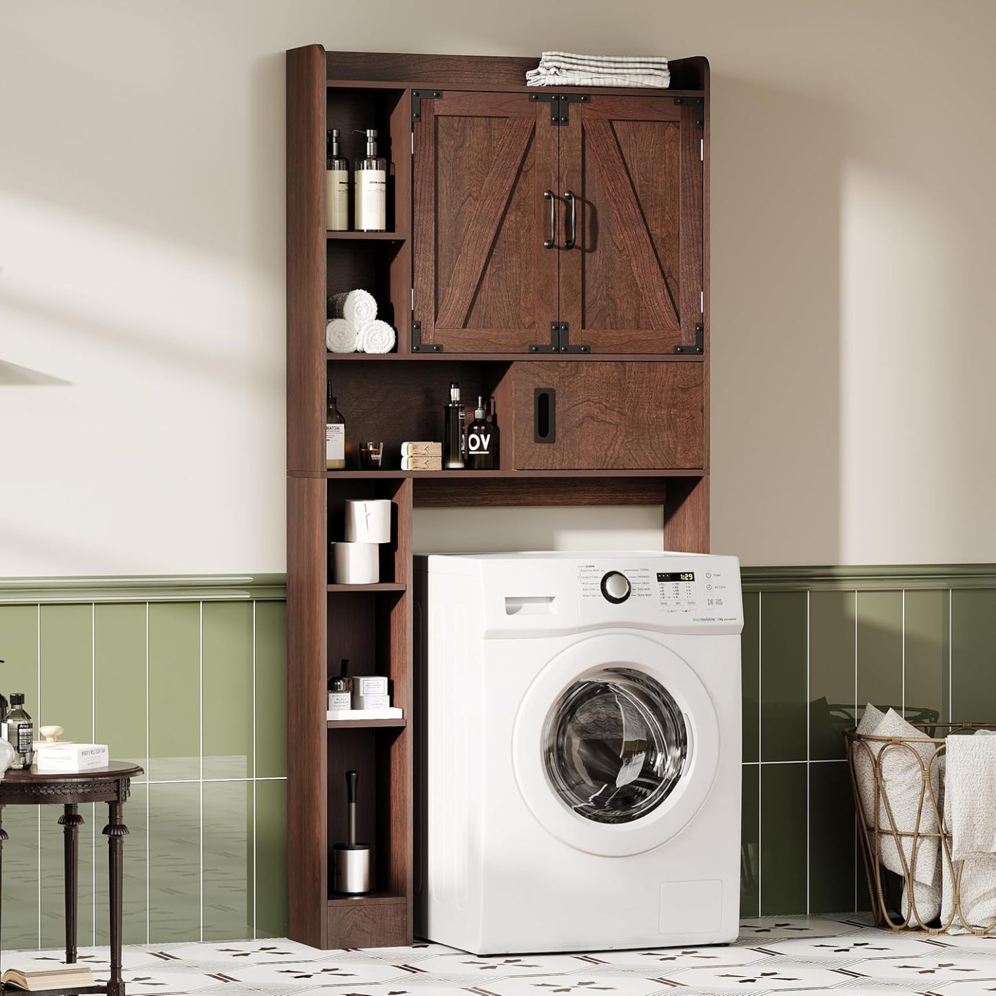 Over The Toilet Storage Cabinet, Farmhouse Bathroom Storage Cabinet with Barn Doors, Sliding Drawer, Adjustable Shelves